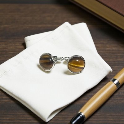 画像2: ラウンドタイガーアイカフスボタン