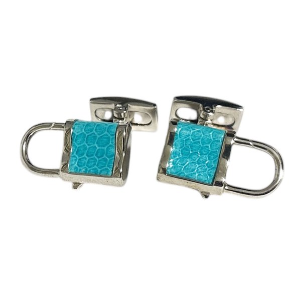 画像1: Babette Wasserman バベットワッサーマン ブルーレザー＆南京錠カフスボタン（カフリンクス） (1)