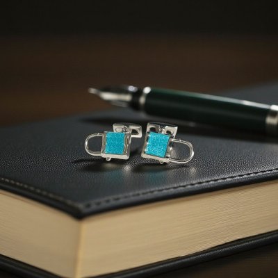 画像1: Babette Wasserman バベットワッサーマン ブルーレザー＆南京錠カフスボタン（カフリンクス）