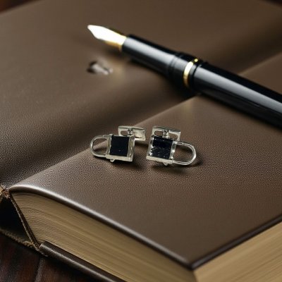 画像1: Babette Wasserman バベットワッサーマン ブラックレザー＆南京錠カフスボタン（カフリンクス）