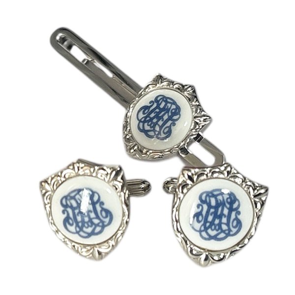 画像1: Swank & Royal Copenhagen スワンク & ロイヤルコペンハーゲン ホワイトブルーデザイン2カフスボタン・ネクタイピンセット (1)