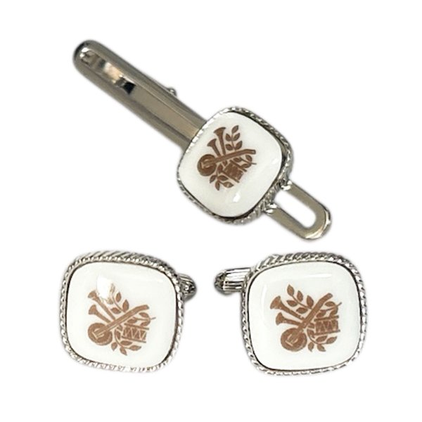 画像1: Swank & Royal Copenhagen スワンク & ロイヤルコペンハーゲン ホワイトブラウンカフスボタン・ネクタイピンセット (1)