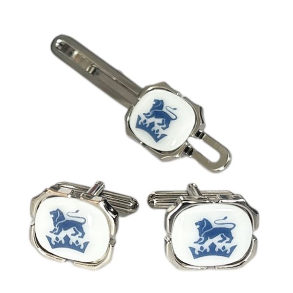 画像1: Swank & Royal Copenhagen スワンク & ロイヤルコペンハーゲン ホワイトブルーライオンカフスボタン・ネクタイピンセット (1)