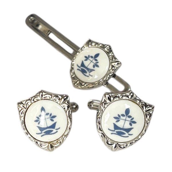 画像1: Swank & Royal Copenhagen スワンク & ロイヤルコペンハーゲン ホワイトブルーデザイン4カフスボタン・ネクタイピンセット (1)