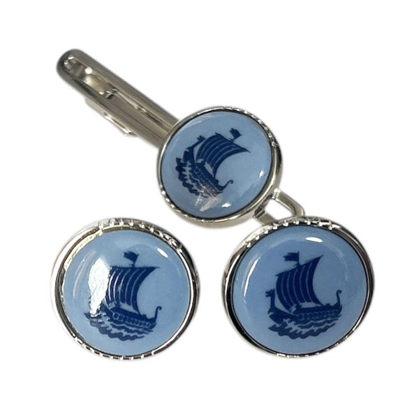 画像1: Swank & Royal Copenhagen スワンク & ロイヤルコペンハーゲン ブルー船カフスボタン・ネクタイピンセット (1)