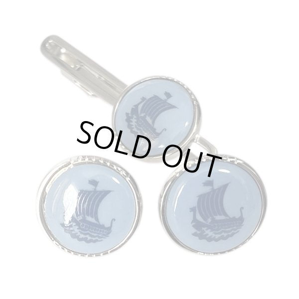 画像1: Swank & Royal Copenhagen スワンク & ロイヤルコペンハーゲン ブルー船カフスボタン・ネクタイピンセット (1)