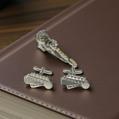 画像1: ギターモチーフカフスボタン・ネクタイピンセット