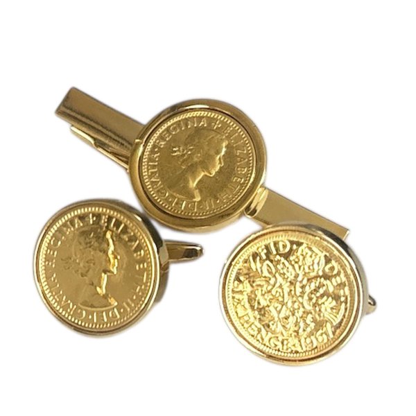 画像1: 英国６ペンスゴールドカフスボタン・ネクタイピンセット (1)