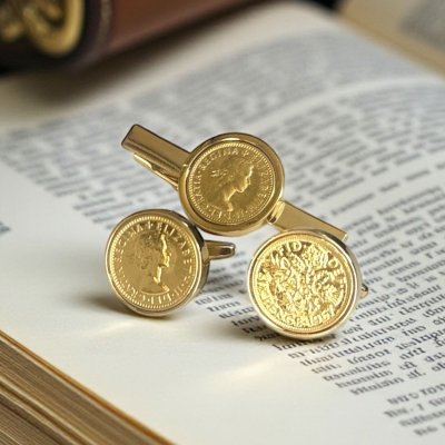 画像1: 英国６ペンスゴールドカフスボタン・ネクタイピンセット