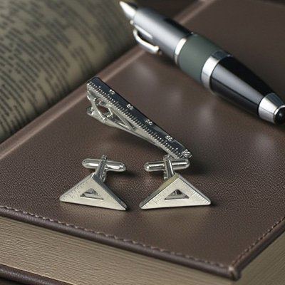 画像1: 三角定規モチーフカフスボタン・ネクタイピンセット