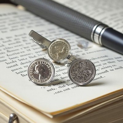 画像1: 英国６ペンスカフスボタン・ネクタイピンセット