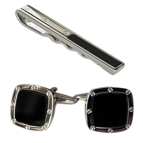 画像1: オニキスネクタイピン　スクエアーオニキスカフスセット (1)