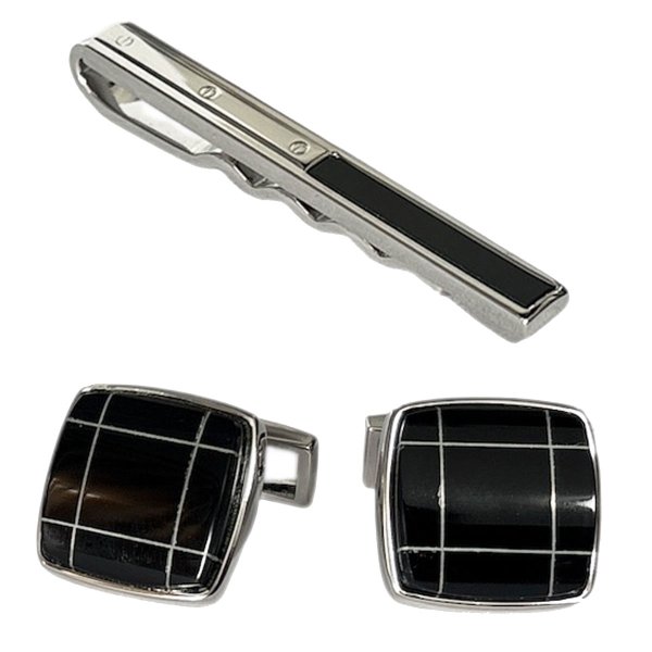 画像1: オニキスネクタイピン　オニキスシルバーラインカフスセット (1)