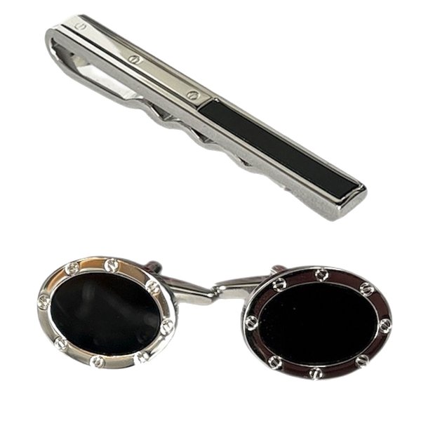 画像1: オニキスネクタイピン　オーバルオニキスカフスセット (1)