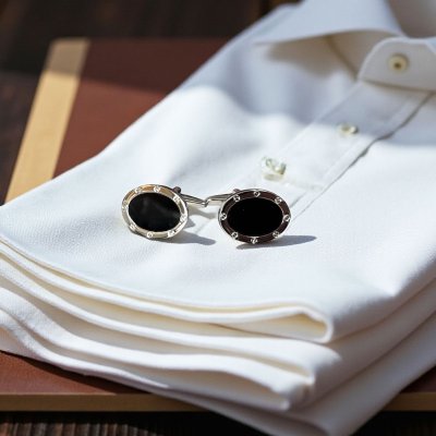 画像2: ブラックオニキスインレイ・楕円カフスボタン（カフリンクス）