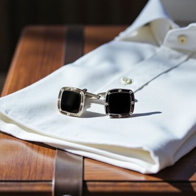 画像2: ブラックオニキスインレイ・スクエアーカフスボタン（カフリンクス）