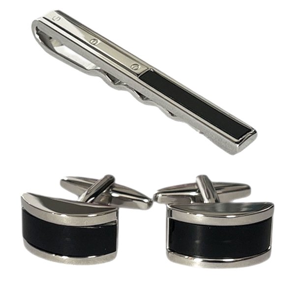 画像1: オニキスネクタイピン　カービングオニキスカフスセット (1)