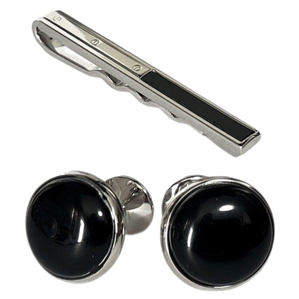 画像1: オニキスネクタイピン　ラウンドオニキスカフスセット (1)