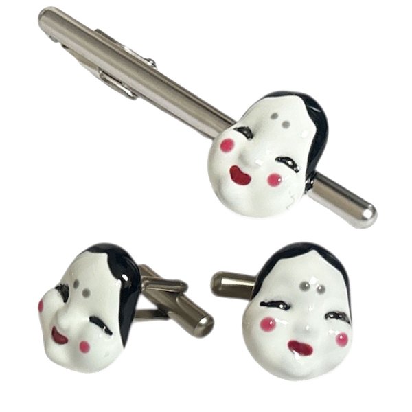 画像1: おかめカフスボタン・ネクタイピンセット (1)