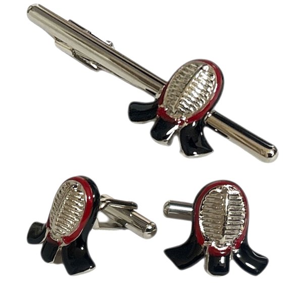 画像1: 剣道の面カフスボタン・ネクタイピンセット (1)