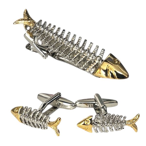 画像1: 魚の骨モチーフカフス　ネクタイピンセット (1)