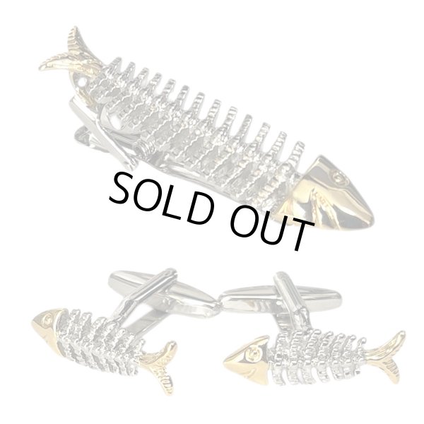 画像1: 魚の骨モチーフカフス　ネクタイピンセット (1)