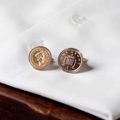 画像1: ピンクゴールド英国1ペニー硬貨カフスボタン