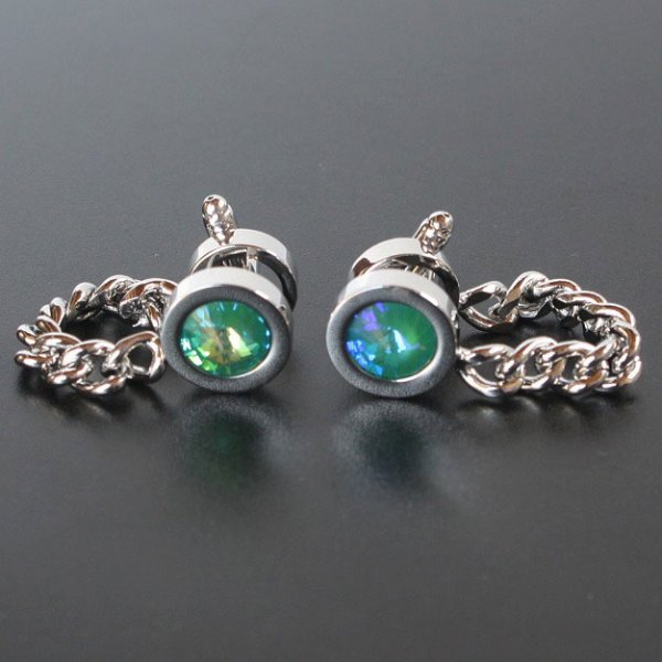 画像1: チェーン付ウルトラエメラルドABスワロフスキーカフスボタン（カフリンクス） (1)