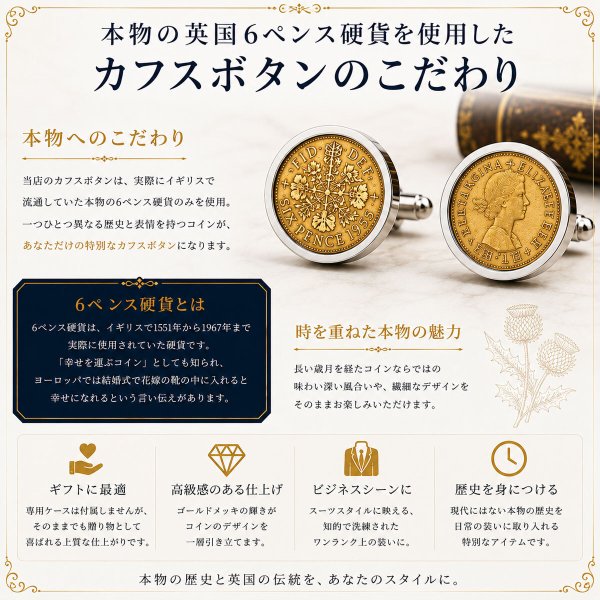 ゴールデン6ペンス硬貨カフスボタン（カフリンクス） 画像8