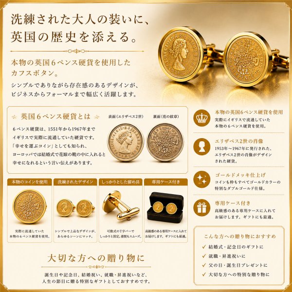 ダブルゴールド6ペンス硬貨カフスボタン 画像4