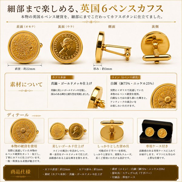 ダブルゴールド6ペンス硬貨カフスボタン 画像5