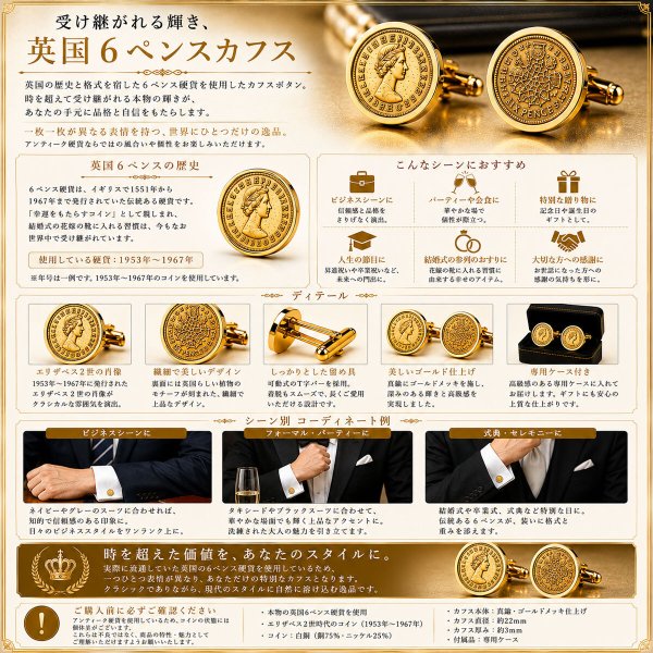 ダブルゴールド6ペンス硬貨カフスボタン 画像10
