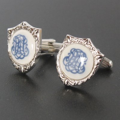 画像1: Swank & Royal Copenhagen スワンク & ロイヤルコペンハーゲン ホワイトブルーデザイン2カフスボタン