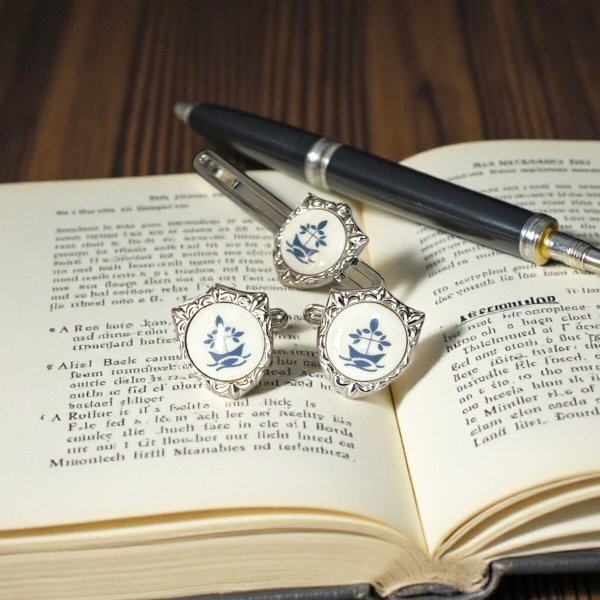 Swank & Royal Copenhagen スワンク & ロイヤルコペンハーゲン ホワイトブルーデザイン4カフスボタン・ネクタイピンセット 画像8