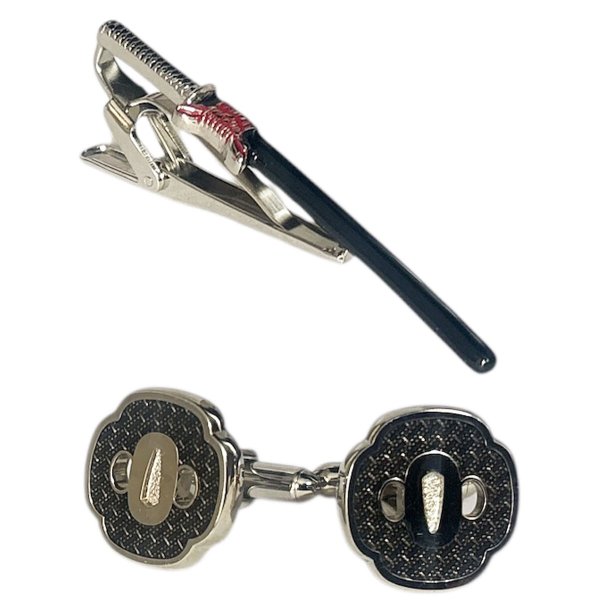 画像1: SWANK スワンク ブラック日本刀＆鍔カフスボタン・ネクタイピンセット (1)