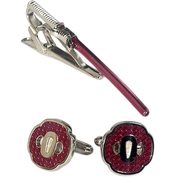 画像1: SWANK スワンク レッド日本刀＆鍔カフスボタン・ネクタイピンセット (1)