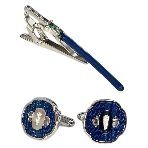 画像1: SWANK スワンク ブルー日本刀＆鍔カフスボタン・ネクタイピンセット (1)