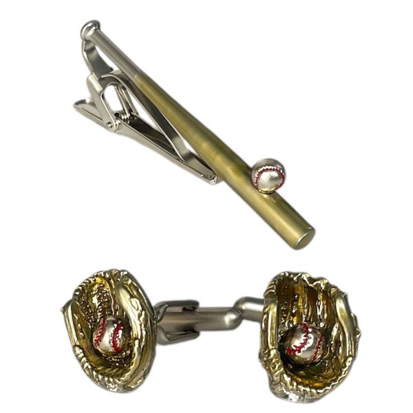 画像1: SWANK スワンク ボール付ブラウンバット＆グローブカフスボタン・ネクタイピンセット (1)